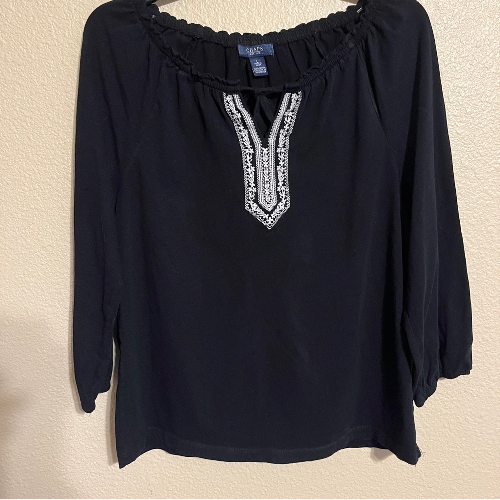 Chaps Women’s L Black w/ White Embroidery 3/4 Sleeve Top w/Drawstring Collar